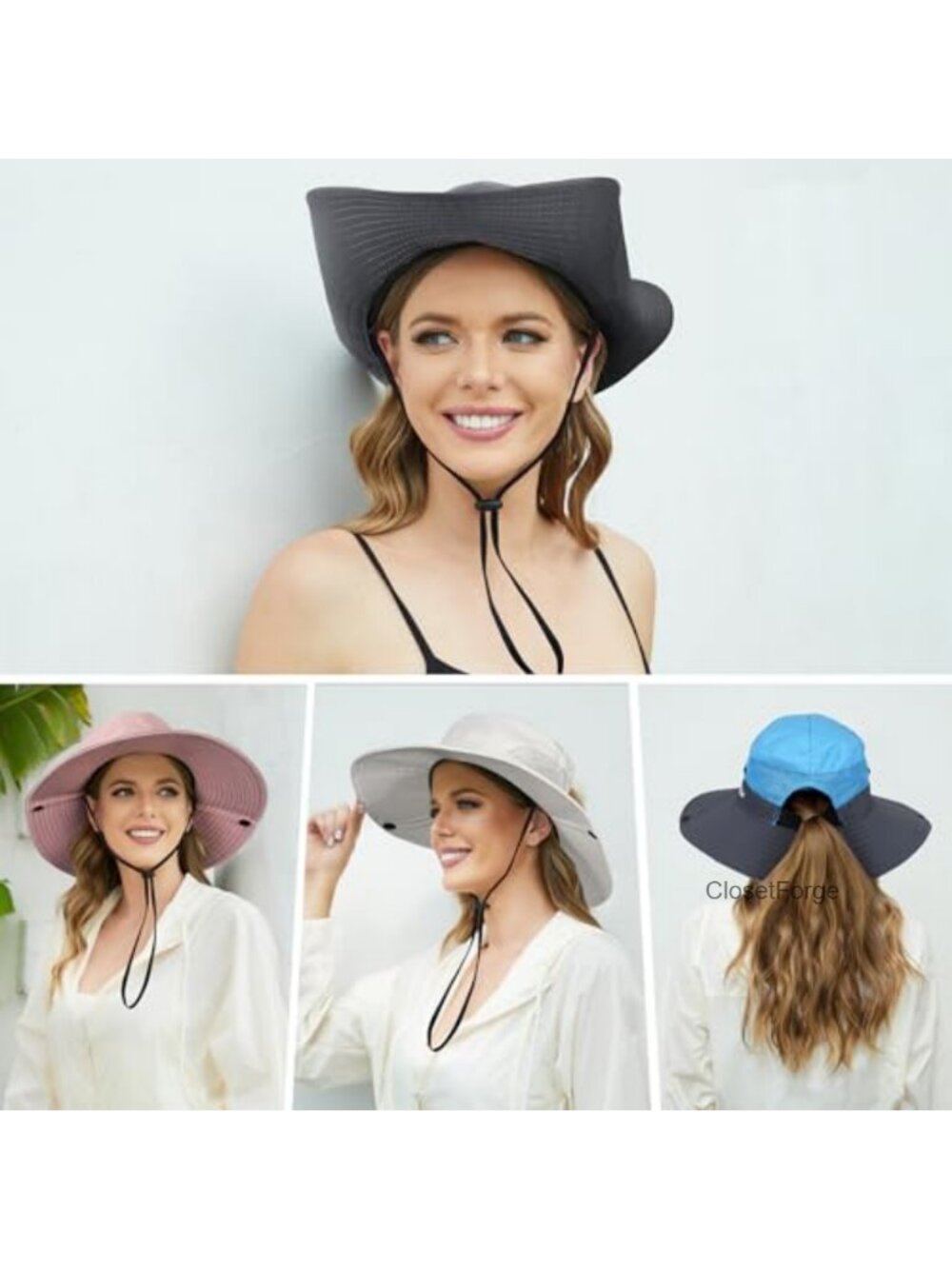Women's Sun Hat with Ponytail Hole, UV Protection Foldable Beach Fishing Hat - Picture 5 of 6